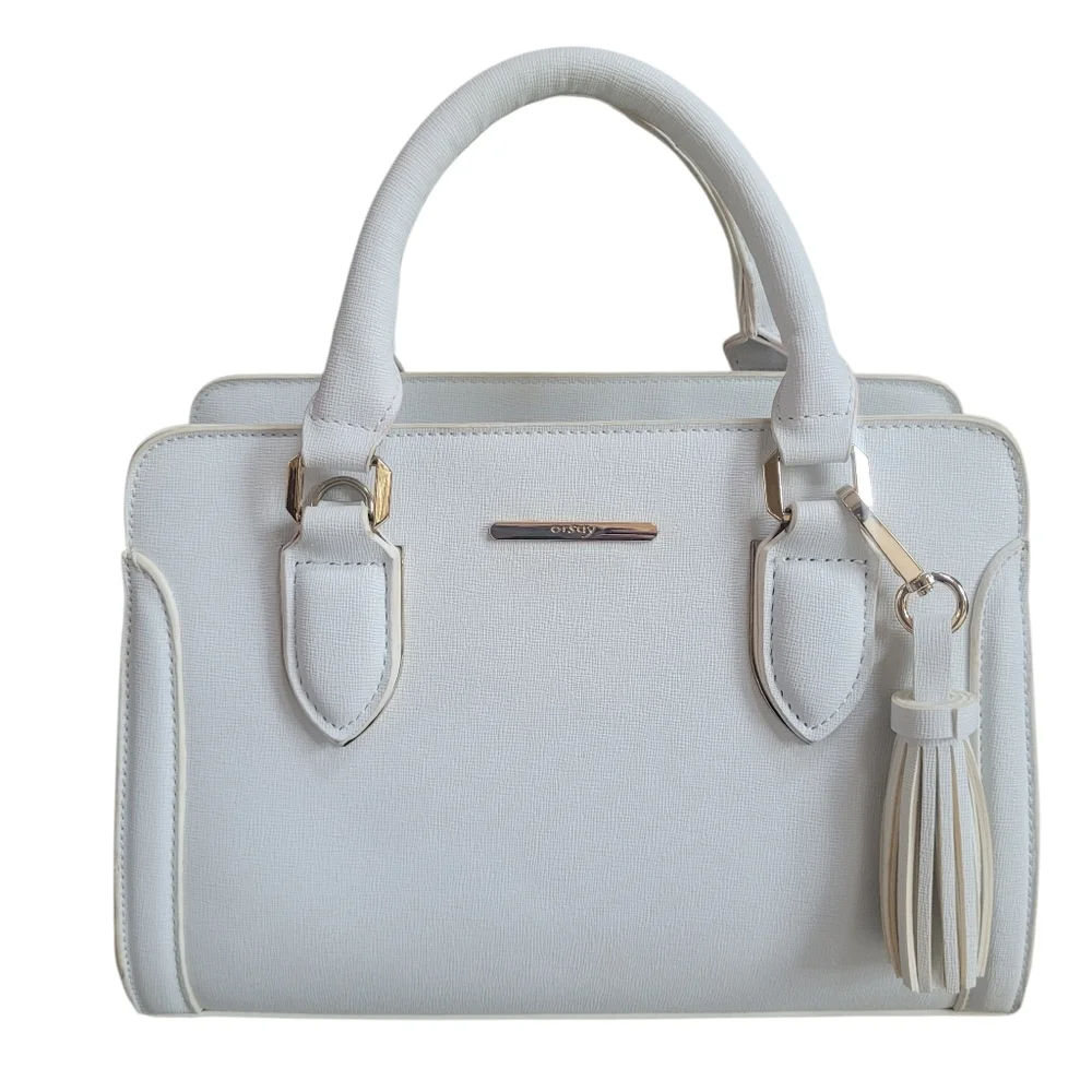 Chic White Faux Saffiano Leather Satchel with Gold Hardware & Tassle